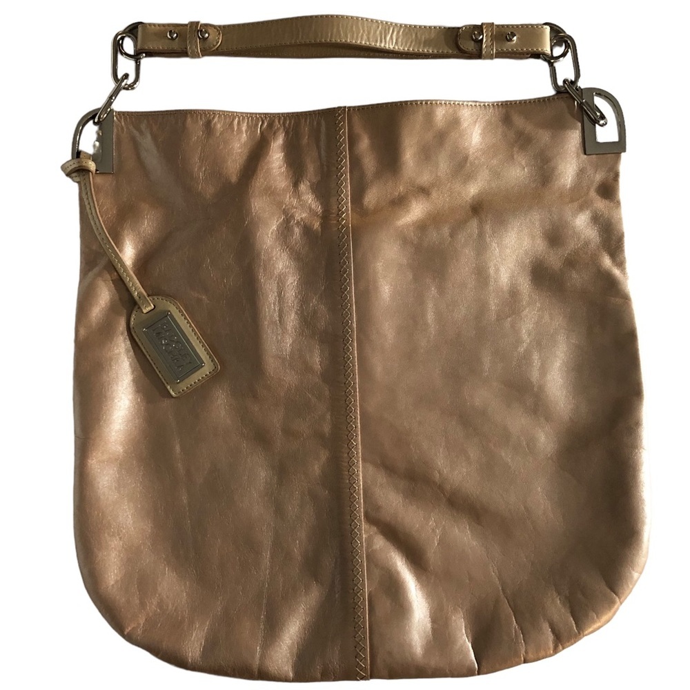 𝅺Badgley Mischka Oversized Leather Cream Gold Hobo Tote Satchel Quiet Classic